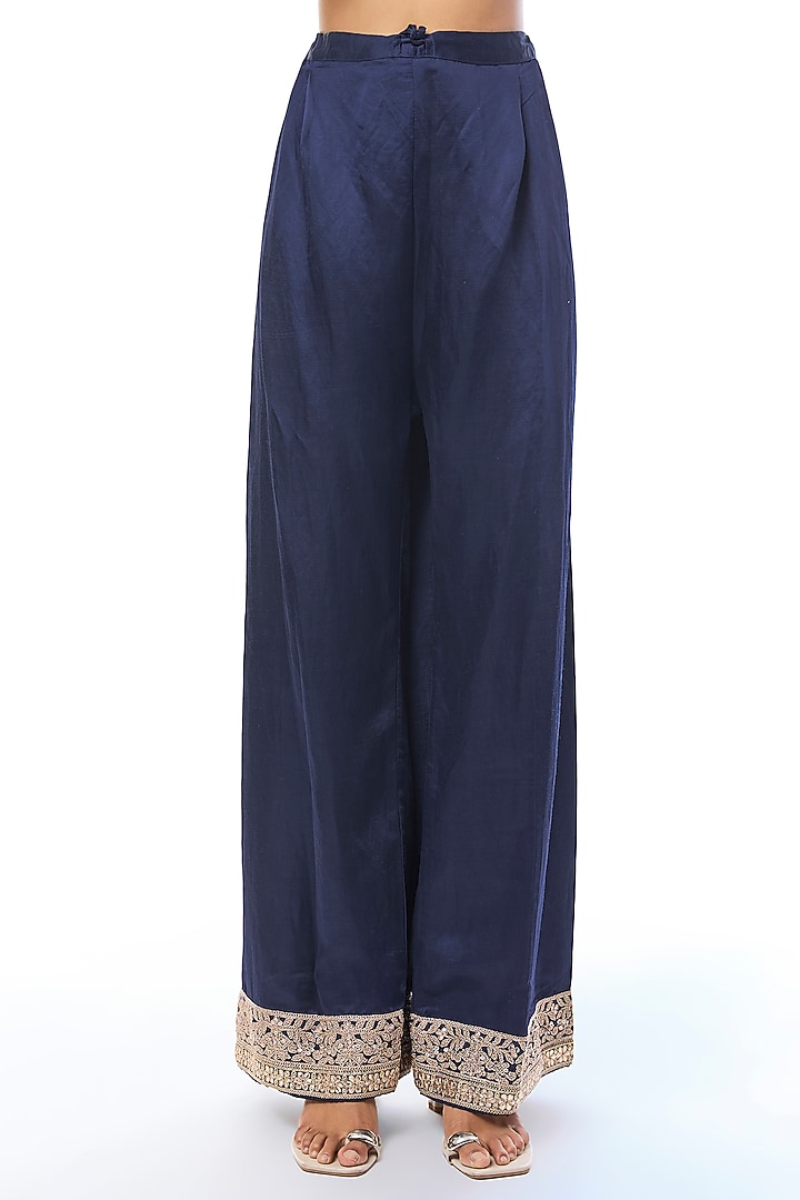Navy Blue Tussar Embellished Straight Kurta Set by GOPI VAID at Pernia's Pop Up Shop
