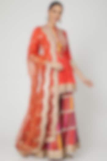 Red Embroidered Sharara Set by GOPI VAID