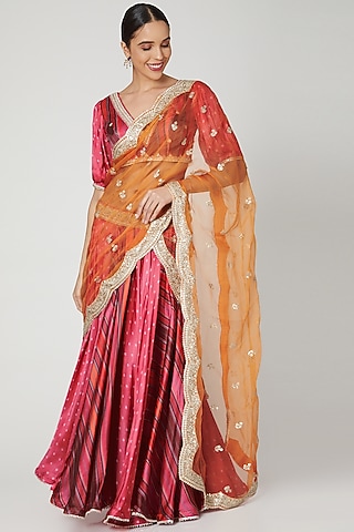 Red Embroidered Lehenga Set by GOPI VAID