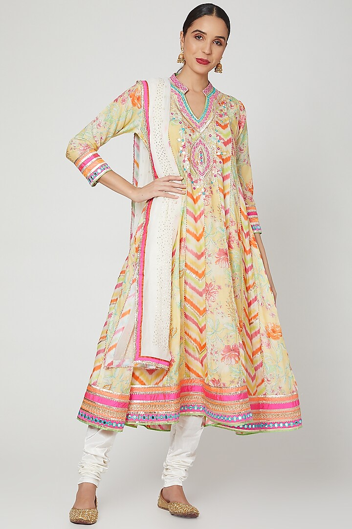 Yellow Embroidered & Printed Anarkali Set by GOPI VAID
