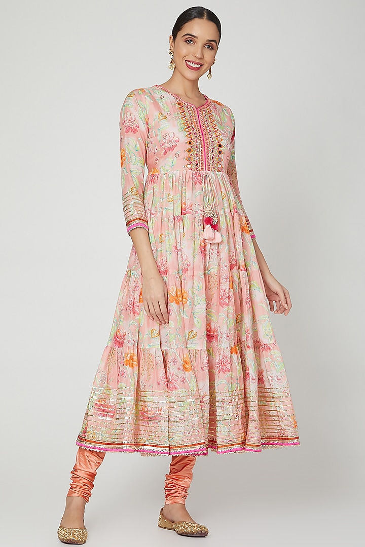 Pink Printed Party Wear Anarkali With Churidar Pants by GOPI VAID at Pernia's Pop Up Shop