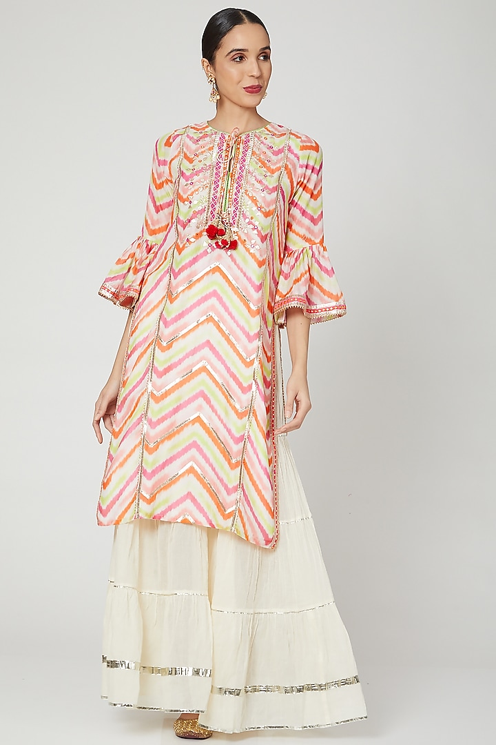 Pink Printed Tunic With Sharara Pants by GOPI VAID