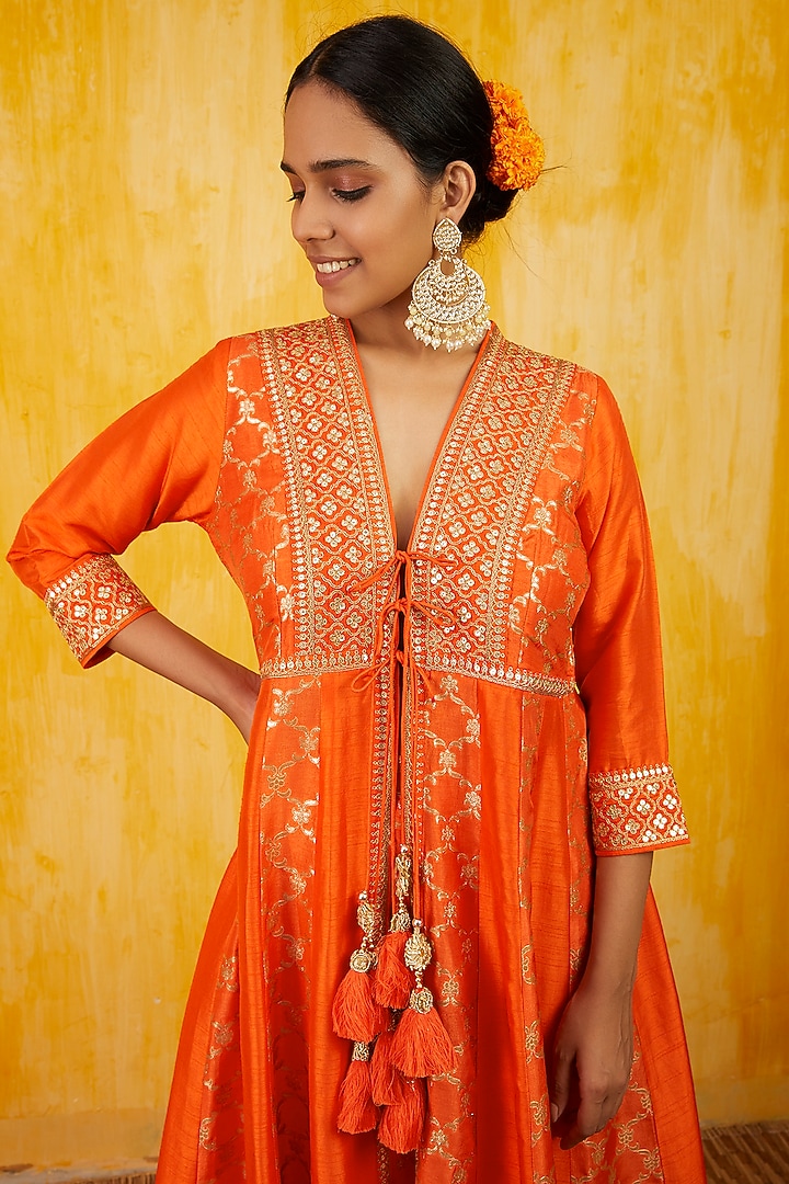 Orange Marodi Embroidered Wedding Anarkali Set by GOPI VAID at Pernia's Pop Up Shop