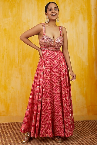 Fuchsia Mirror Embellished Gown by GOPI VAID