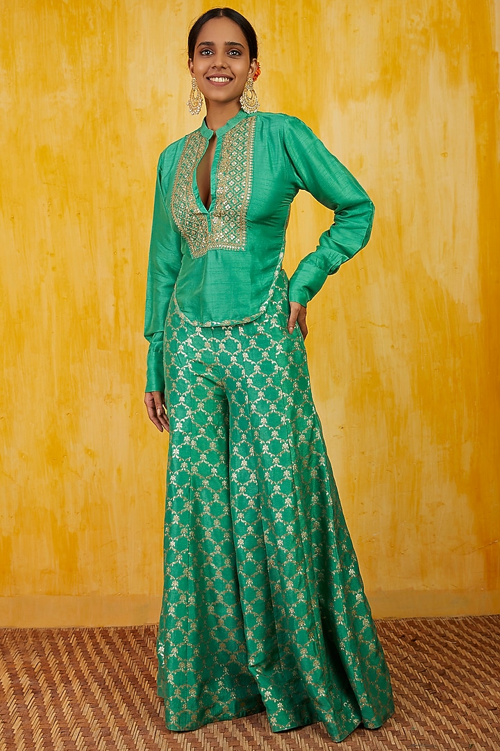 Deep Aqua Silk Brocade Wedding Sharara Set by GOPI VAID at Pernia's Pop Up Shop