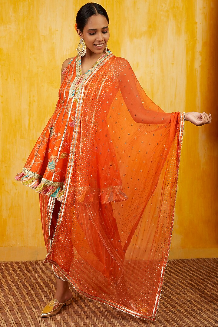 Tangerine Cotton Silk Dhoti Set Design by GOPI VAID at Pernia's Pop Up