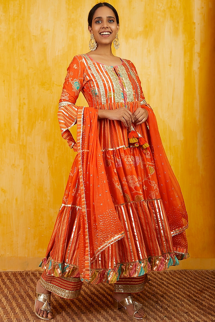 Tangerine Gota Embroidered Anarkali Set by GOPI VAID