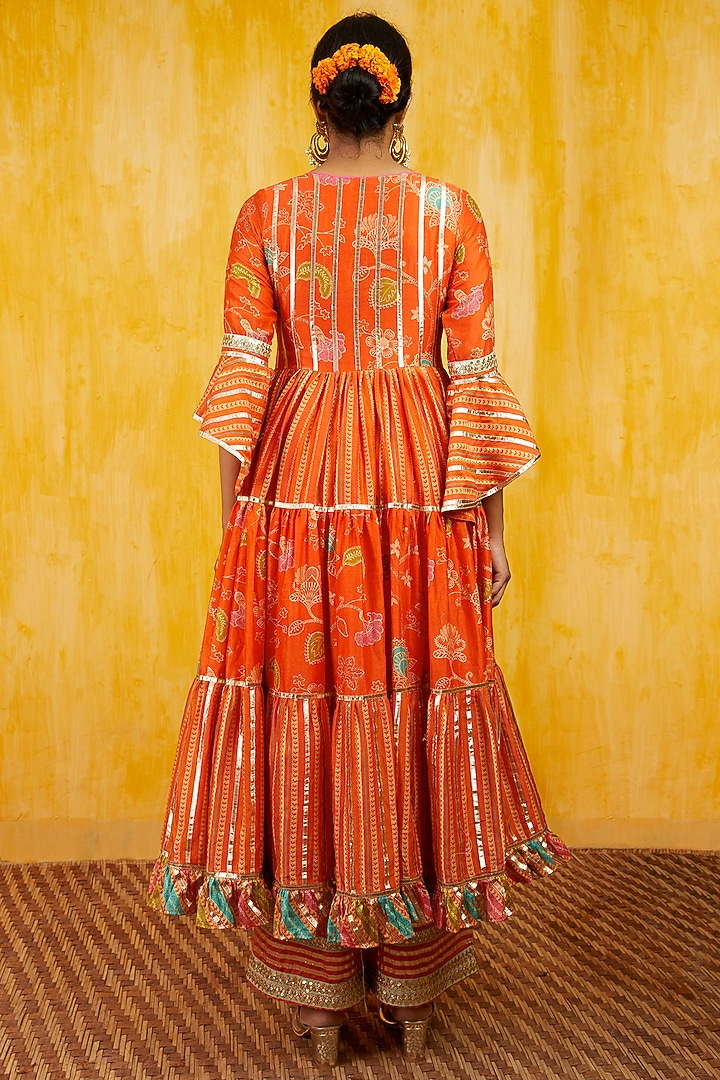 Tangerine Gota Embroidered Wedding Anarkali Set by GOPI VAID at Pernia's Pop Up Shop
