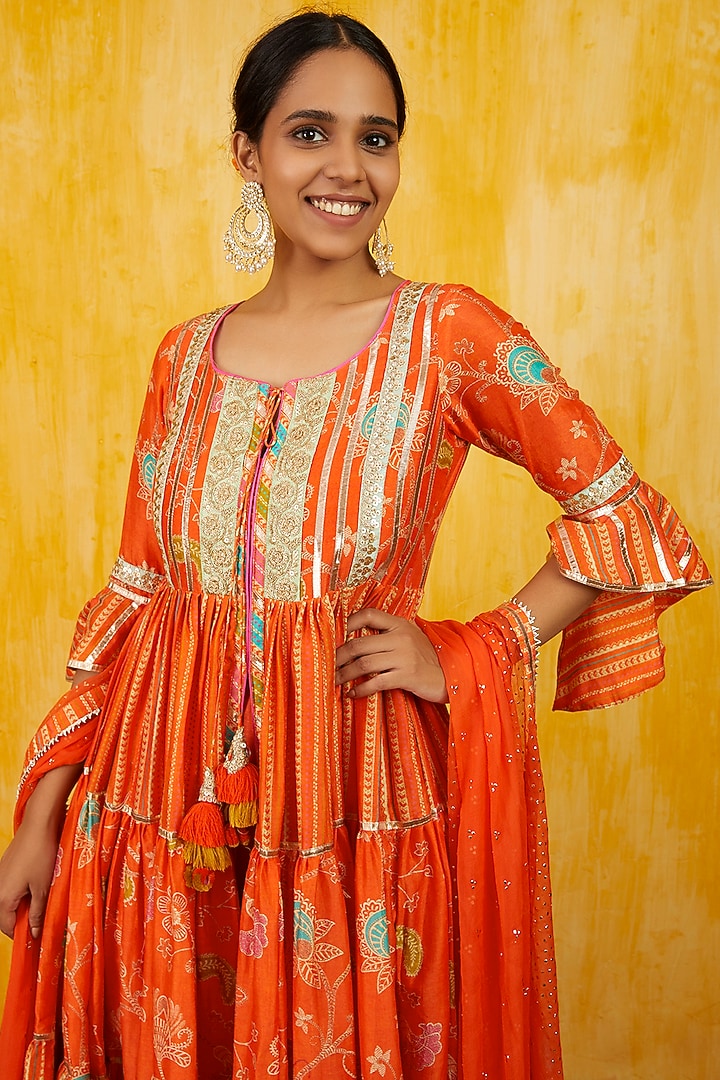 Tangerine Gota Embroidered Wedding Anarkali Set by GOPI VAID at Pernia's Pop Up Shop