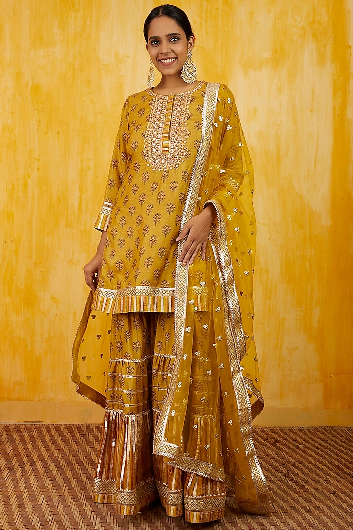 Mustard Thread Embellished Sharara Set by GOPI VAID