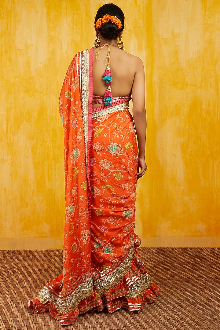 Tangerine Ruffled Wedding Saree Set by GOPI VAID at Pernia's Pop Up Shop