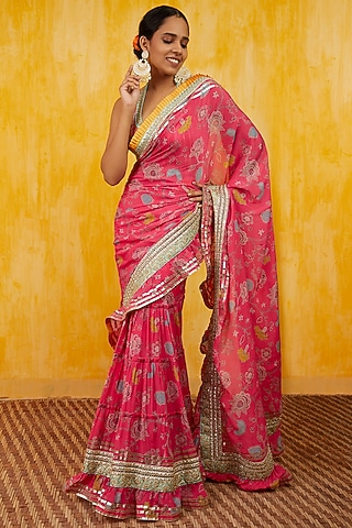 Pink Floral Printed Saree Set by GOPI VAID