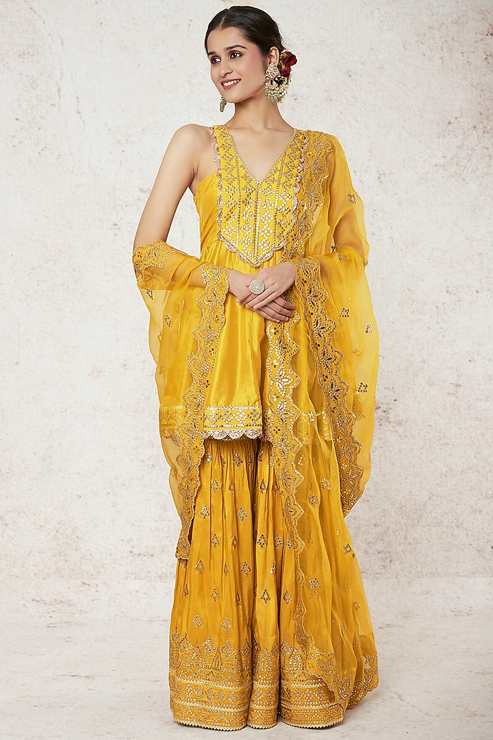 Mustard Tussar Silk Sharara Set by GOPI VAID at Pernia's Pop Up Shop