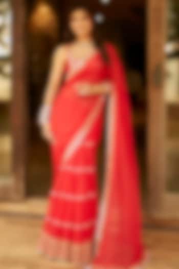 Red Embroidered Draped Saree Set by GOPI VAID