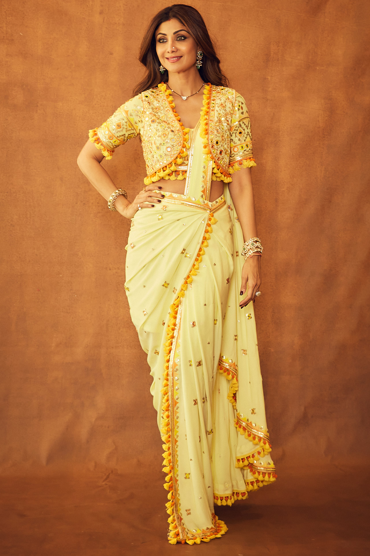 Yellow Chiffon Hand & Machine Embroidered Draped Reception Saree Set  by GOPI VAID at Pernia's Pop Up Shop