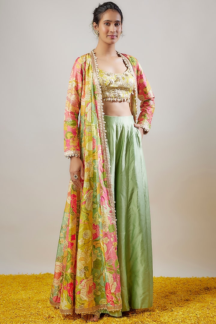 Yellow Tussar Floral Printed Long Cape Set by GOPI VAID