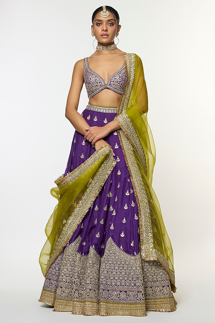 Purple Tussar Motif Embroidered Wedding Lehenga Set by GOPI VAID at Pernia's Pop Up Shop