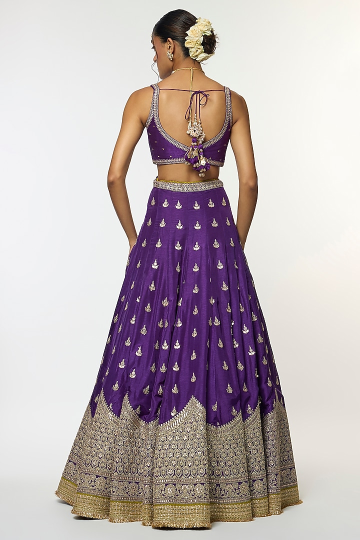 Purple Tussar Motif Embroidered Wedding Lehenga Set by GOPI VAID at Pernia's Pop Up Shop