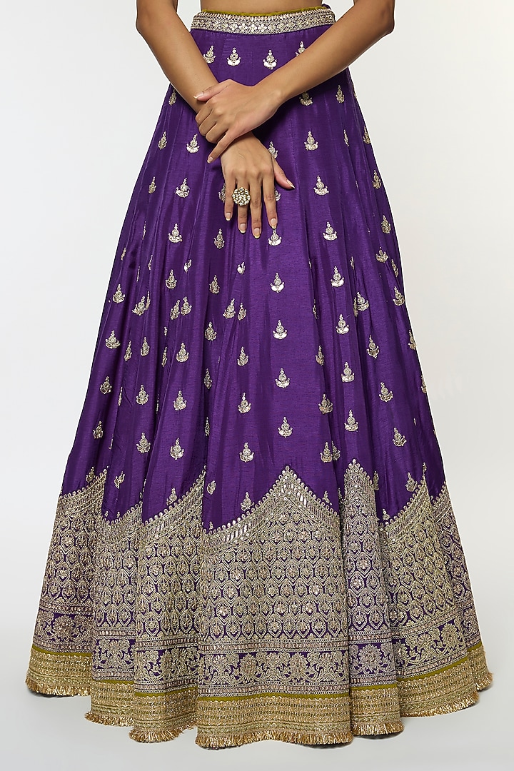 Purple Tussar Motif Embroidered Wedding Lehenga Set by GOPI VAID at Pernia's Pop Up Shop