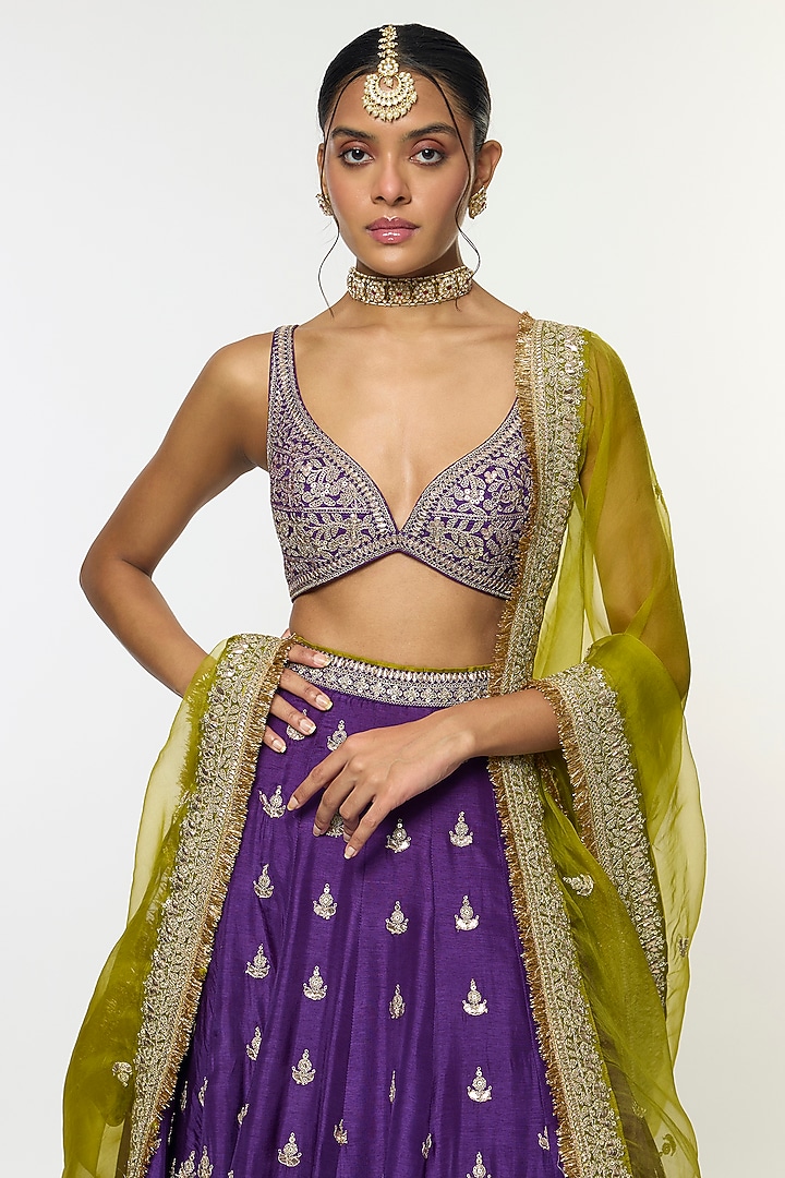 Purple Tussar Motif Embroidered Wedding Lehenga Set by GOPI VAID at Pernia's Pop Up Shop