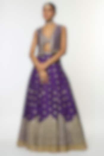 Purple Tussar Motif Embroidered Jacket Wedding Lehenga Set by GOPI VAID at Pernia's Pop Up Shop
