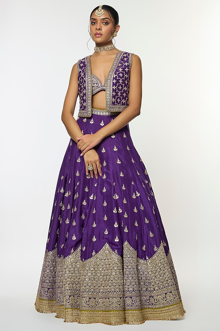Purple Tussar Motif Embroidered Jacket Wedding Lehenga Set by GOPI VAID at Pernia's Pop Up Shop