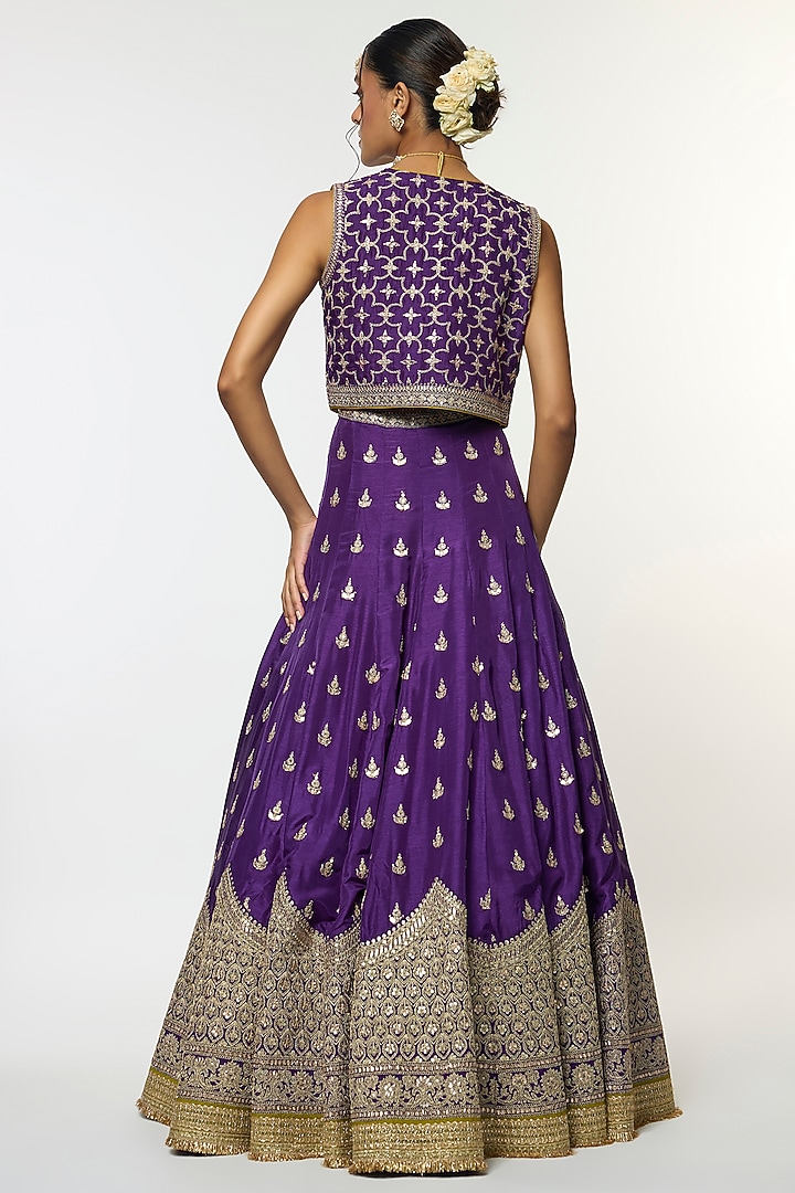 Purple Tussar Motif Embroidered Jacket Wedding Lehenga Set by GOPI VAID at Pernia's Pop Up Shop