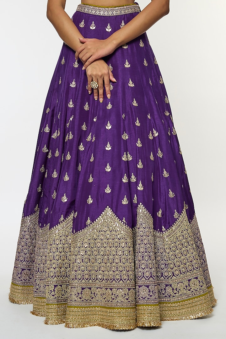 Purple Tussar Motif Embroidered Jacket Wedding Lehenga Set by GOPI VAID at Pernia's Pop Up Shop