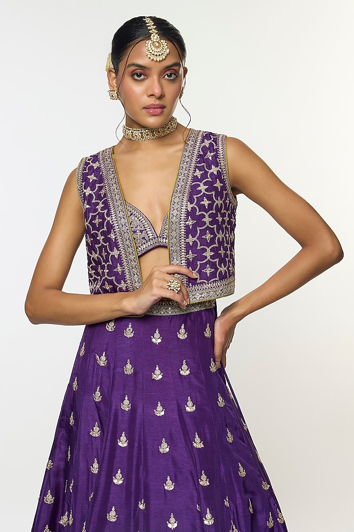 Purple Tussar Motif Embroidered Jacket Wedding Lehenga Set by GOPI VAID at Pernia's Pop Up Shop