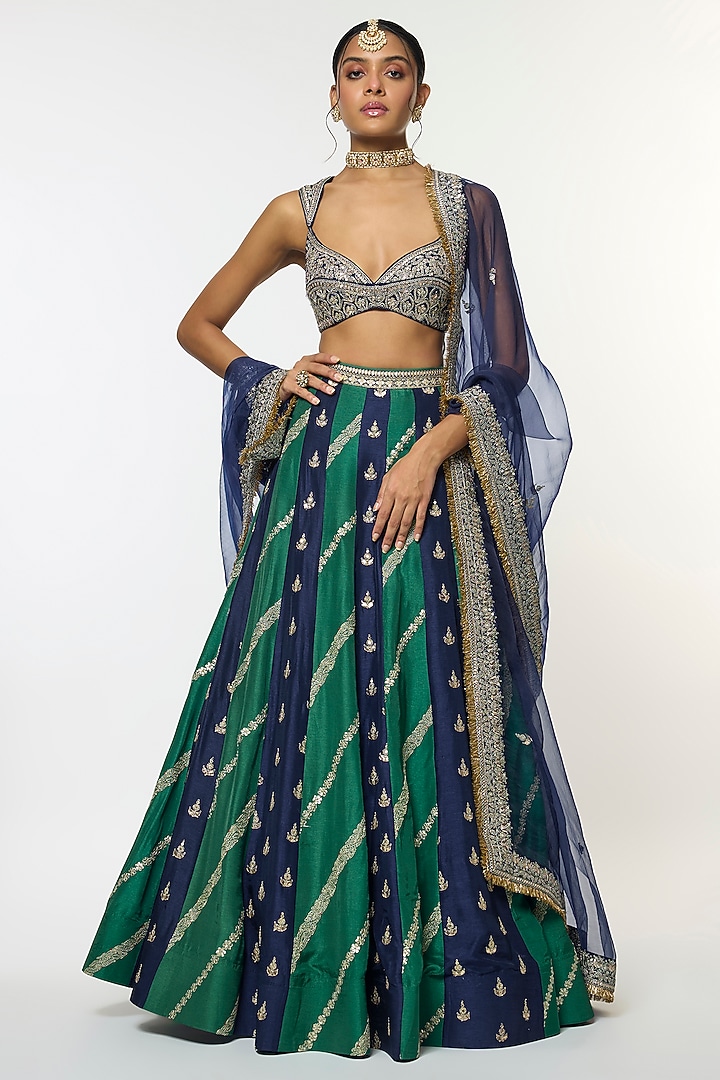Blue Tussar Motif Embroidered Flared Wedding Lehenga Set by GOPI VAID at Pernia's Pop Up Shop