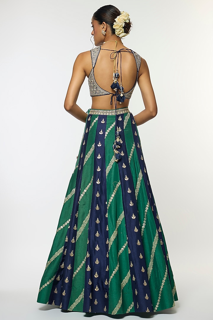 Blue Tussar Motif Embroidered Flared Wedding Lehenga Set by GOPI VAID at Pernia's Pop Up Shop