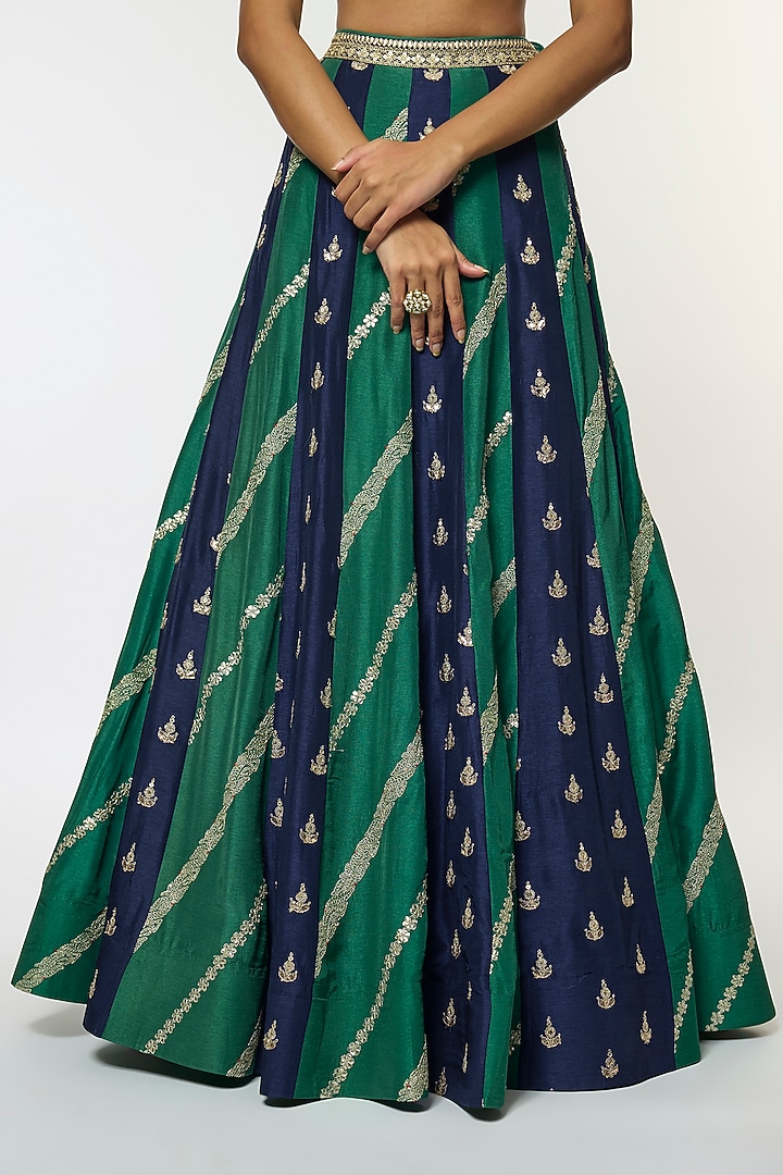 Blue Tussar Motif Embroidered Flared Wedding Lehenga Set by GOPI VAID at Pernia's Pop Up Shop