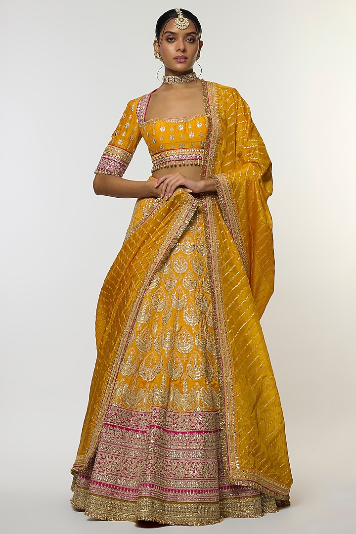 Yellow Tussar Thread Embroidered Bridal Lehenga Set by GOPI VAID at Pernia's Pop Up Shop