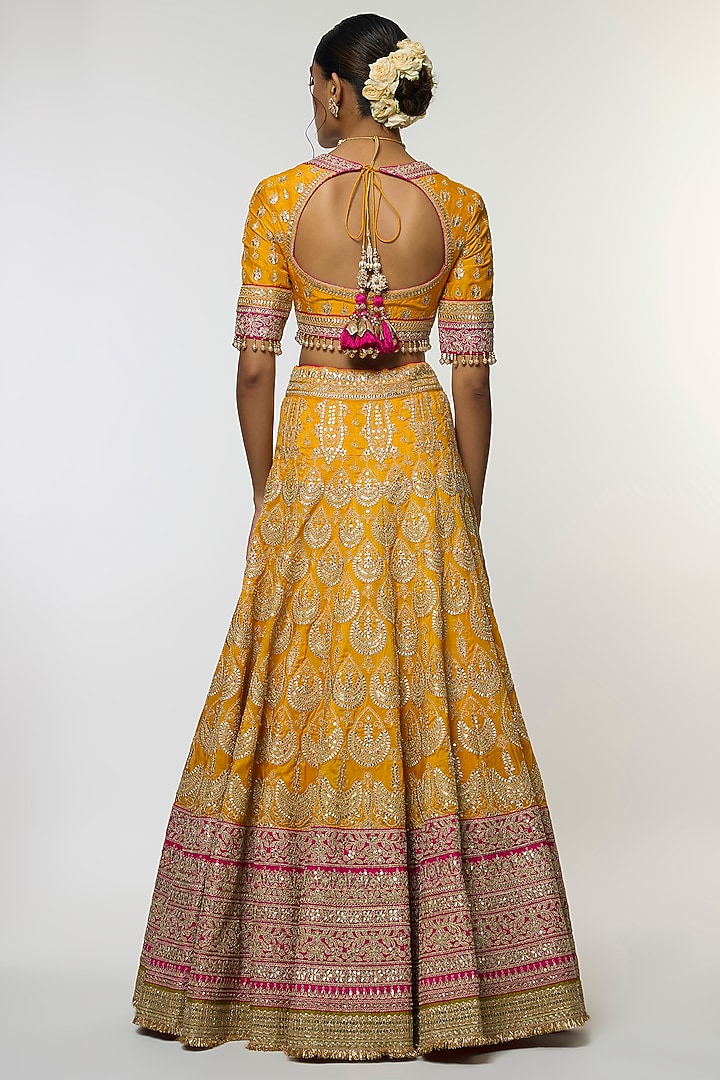 Yellow Tussar Thread Embroidered Bridal Lehenga Set by GOPI VAID at Pernia's Pop Up Shop