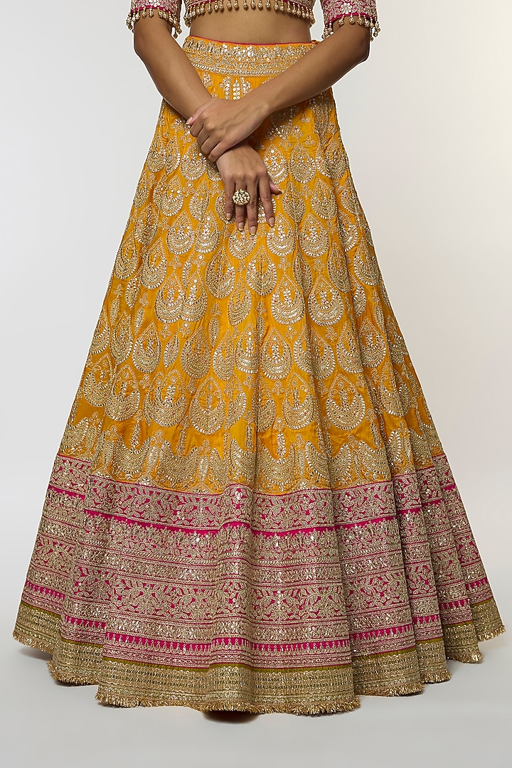 Yellow Tussar Thread Embroidered Bridal Lehenga Set by GOPI VAID at Pernia's Pop Up Shop