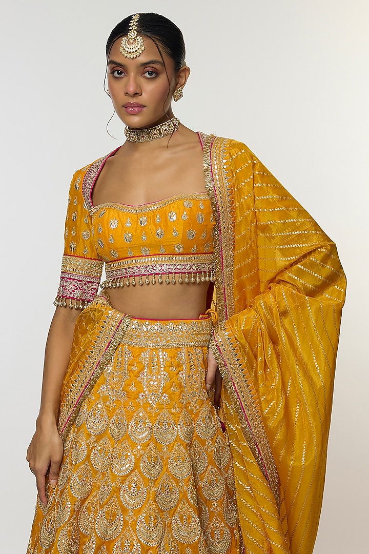 Yellow Tussar Thread Embroidered Bridal Lehenga Set by GOPI VAID at Pernia's Pop Up Shop