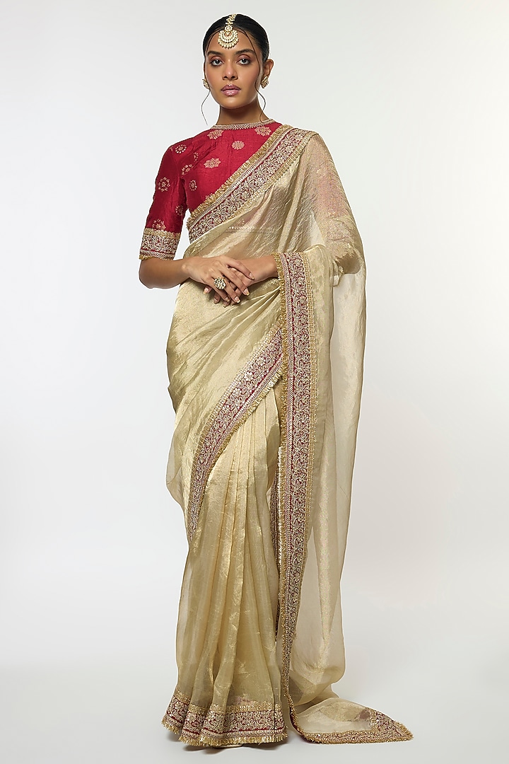 Ivory Pure Tissue Organza Embroidered Wedding Saree Set by GOPI VAID at Pernia's Pop Up Shop
