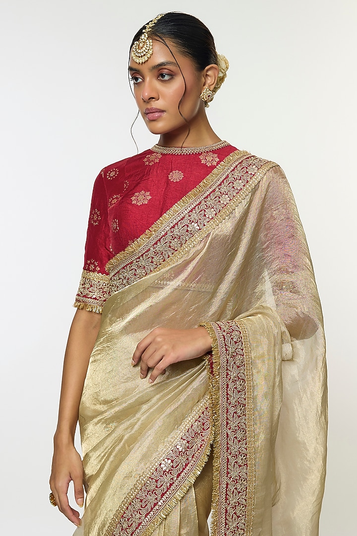 Ivory Pure Tissue Organza Embroidered Wedding Saree Set by GOPI VAID at Pernia's Pop Up Shop