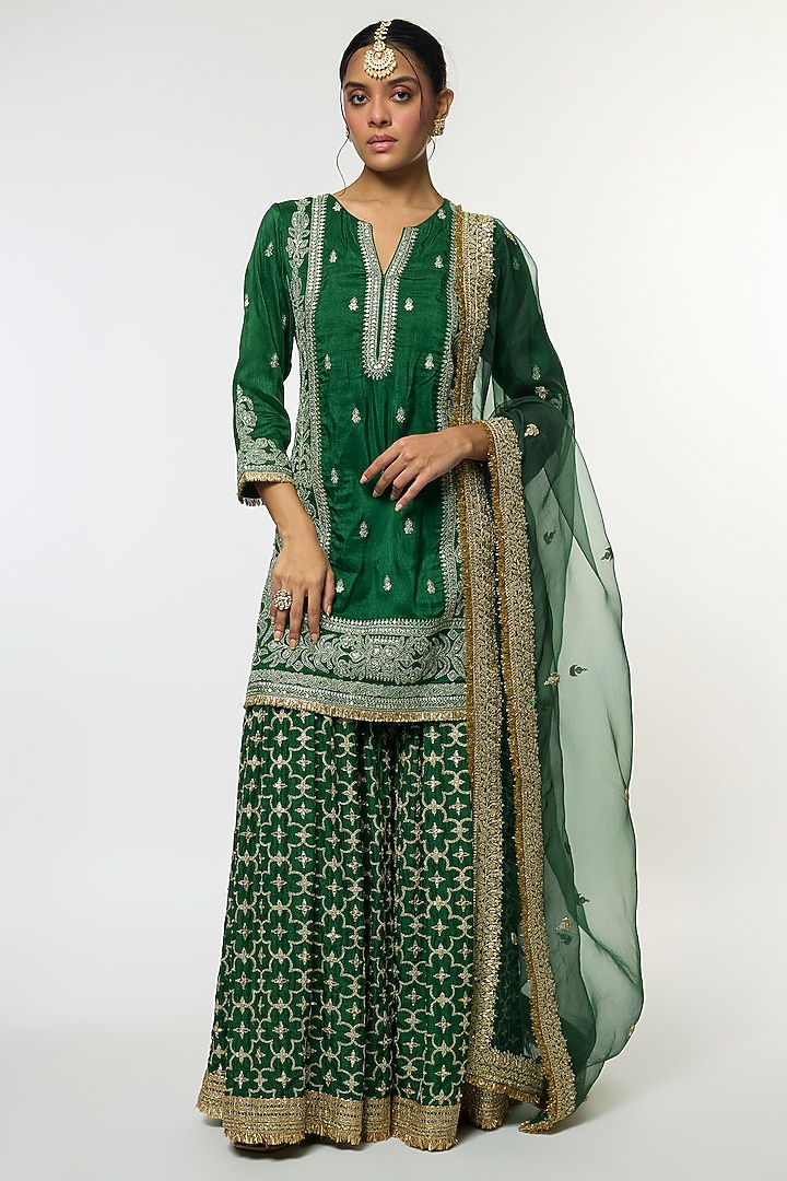 Green Tussar Embroidered Wedding Sharara Set by GOPI VAID at Pernia's Pop Up Shop