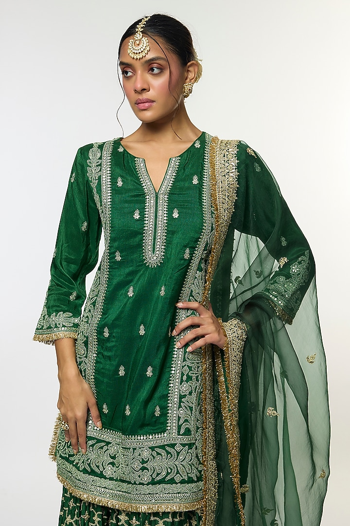 Green Tussar Embroidered Wedding Sharara Set by GOPI VAID at Pernia's Pop Up Shop