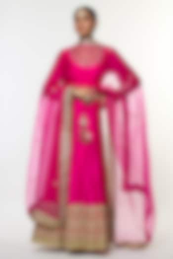 Pink Tussar Embroidered Flared Angrakha Set by GOPI VAID at Pernia's Pop Up Shop