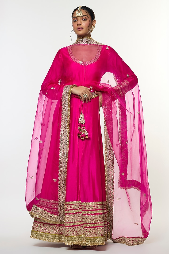 Pink Tussar Embroidered Flared Angrakha Set by GOPI VAID at Pernia's Pop Up Shop