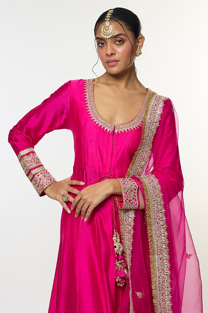Pink Tussar Embroidered Flared Angrakha Set by GOPI VAID at Pernia's Pop Up Shop