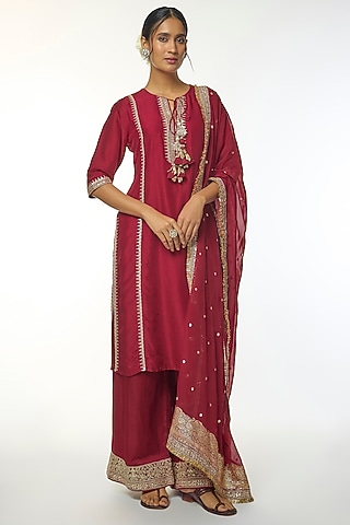 Red Tussar Embroidered Straight-Cut Kurta Set by GOPI VAID