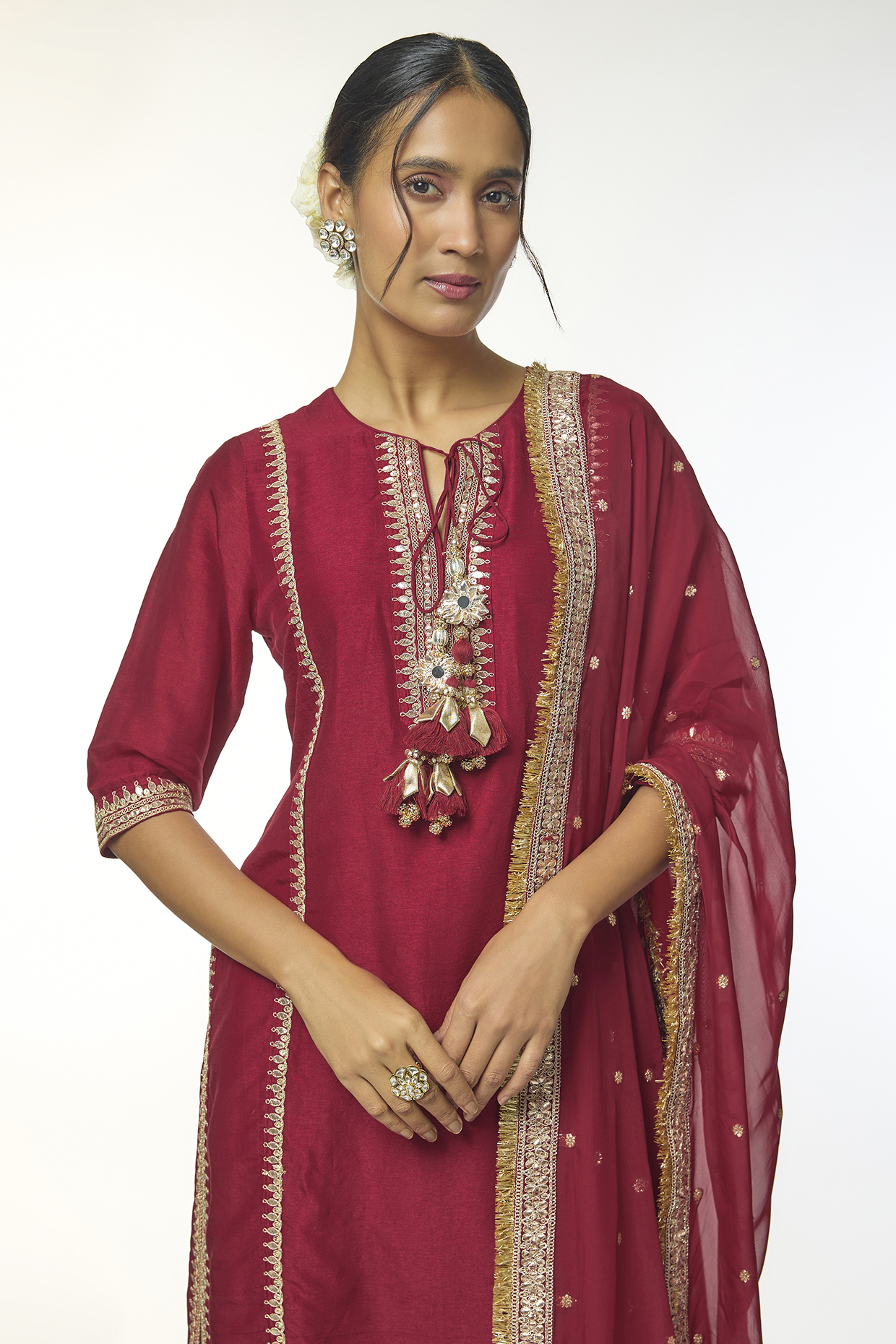 Red Tussar Embroidered Straight-Cut Kurta Set by GOPI VAID at Pernia's Pop Up Shop