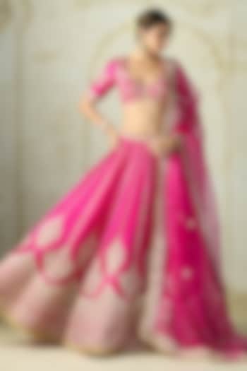 Rani Pink Tussar Zari Embroidered Flared Bridal Lehenga Set by GOPI VAID at Pernia's Pop Up Shop