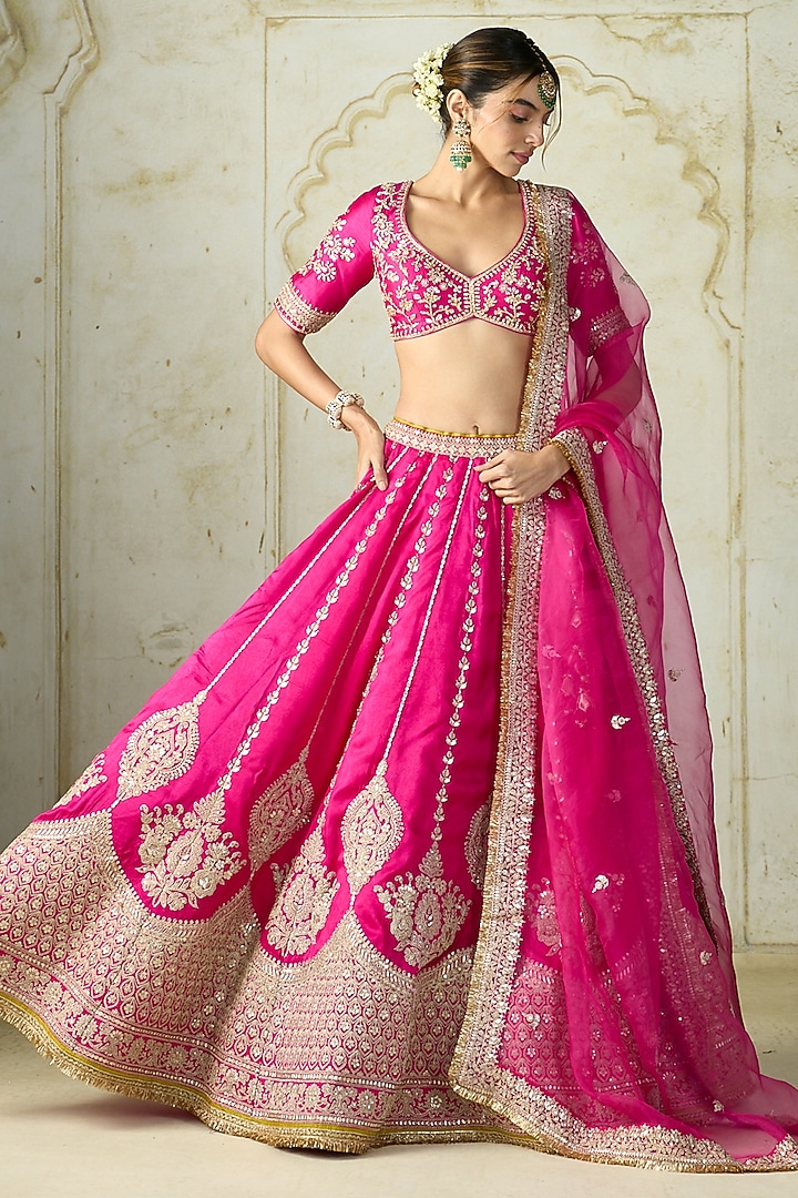 Rani Pink Tussar Zari Embroidered Flared Bridal Lehenga Set by GOPI VAID at Pernia's Pop Up Shop