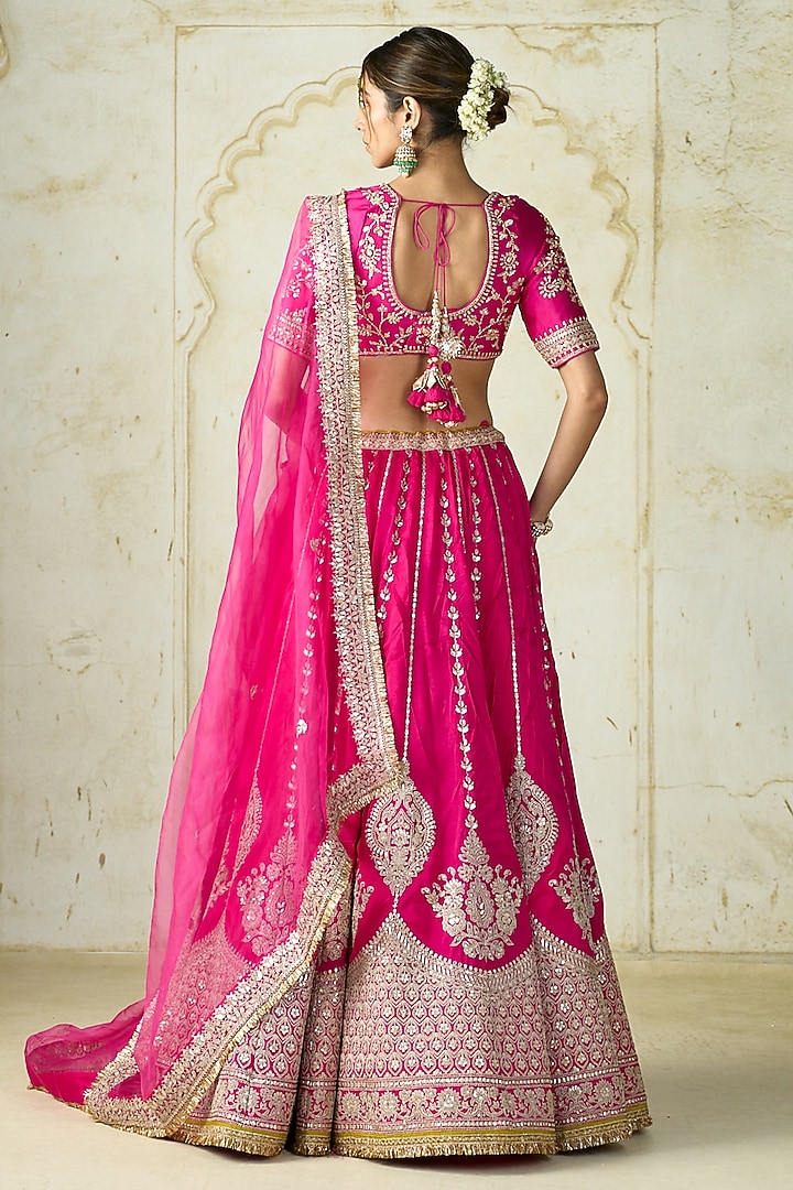 Rani Pink Tussar Zari Embroidered Flared Bridal Lehenga Set by GOPI VAID at Pernia's Pop Up Shop