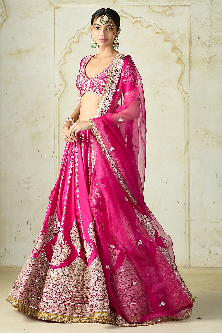Rani Pink Tussar Zari Embroidered Flared Bridal Lehenga Set by GOPI VAID at Pernia's Pop Up Shop
