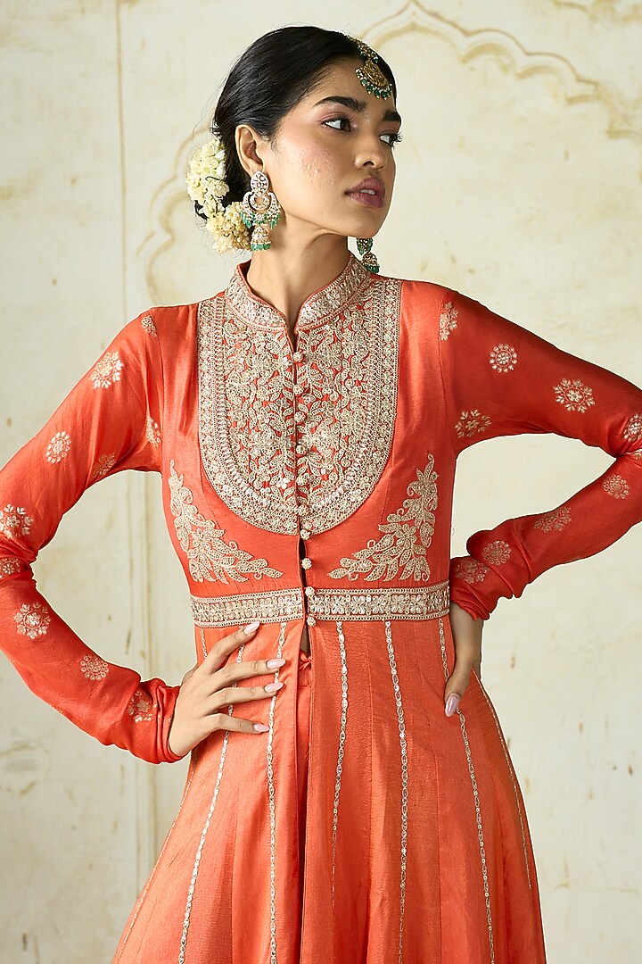 Orange Tussar Embroidered Bridal Anarkali Set by GOPI VAID at Pernia's Pop Up Shop